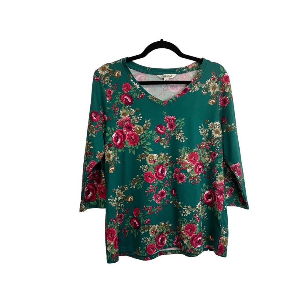 Pioneer Woman Green Floral 3/4 Sleeves Scoop Neck Top Blouse Womens Size S